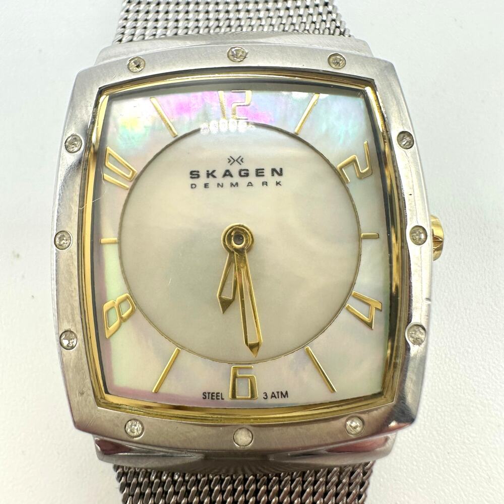 Skagen quartz silver tone mother of pearl rounded tank dial mesh bracelet watch